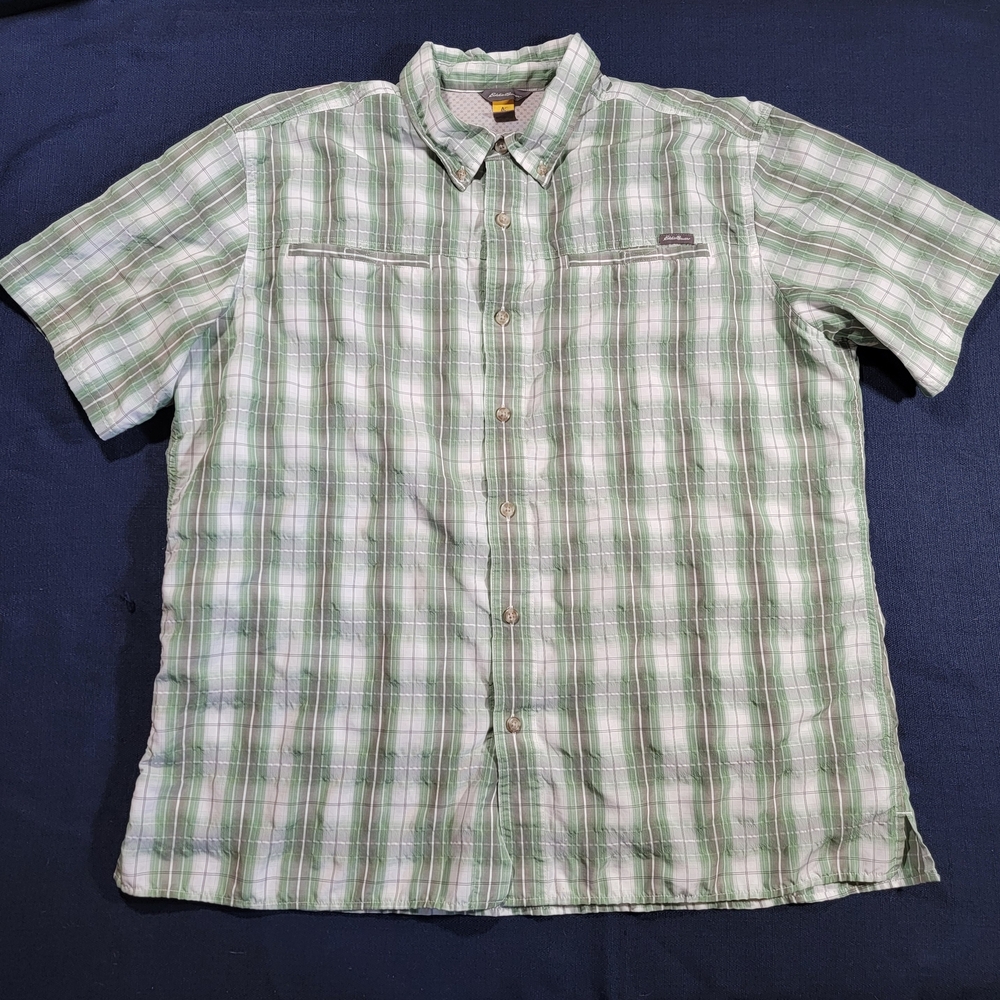Eddie Bauer Green and White Casual Button Down Shirt